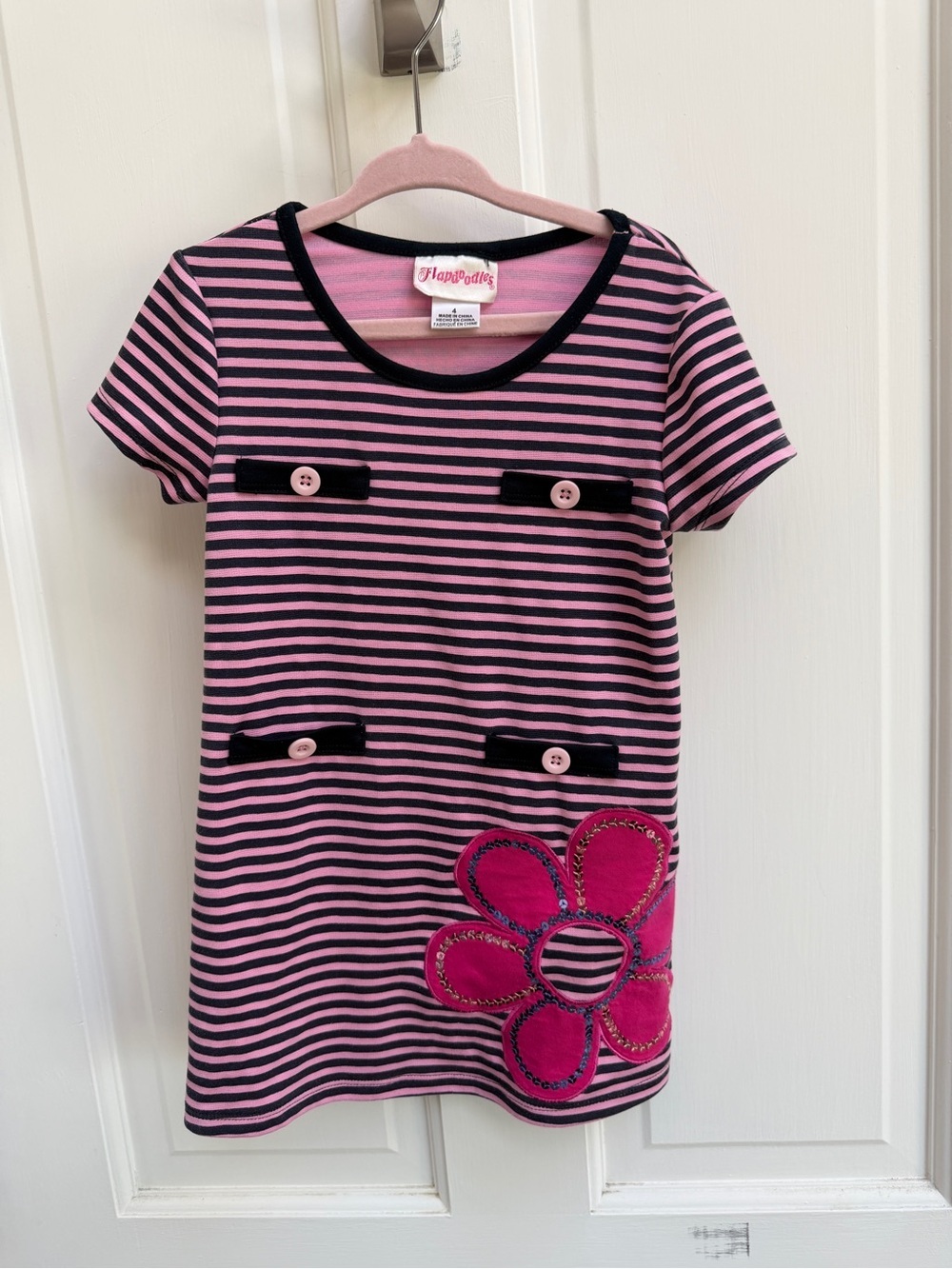Flapdoodles Girls 4 Pink Black Striped Short Sleeve Dress Flower Applique